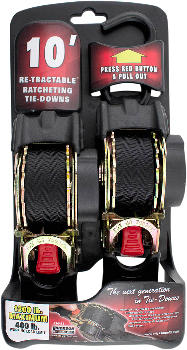 ERICKSON Retractable Ratchet Tie-Downs - 10' - Black 34415