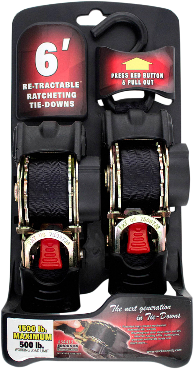 ERICKSON Retractable Ratchet Tie-Downs - 6' - Black 34413