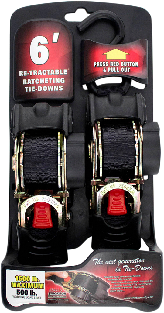 ERICKSON Retractable Ratchet Tie-Downs - 6' - Black 34413
