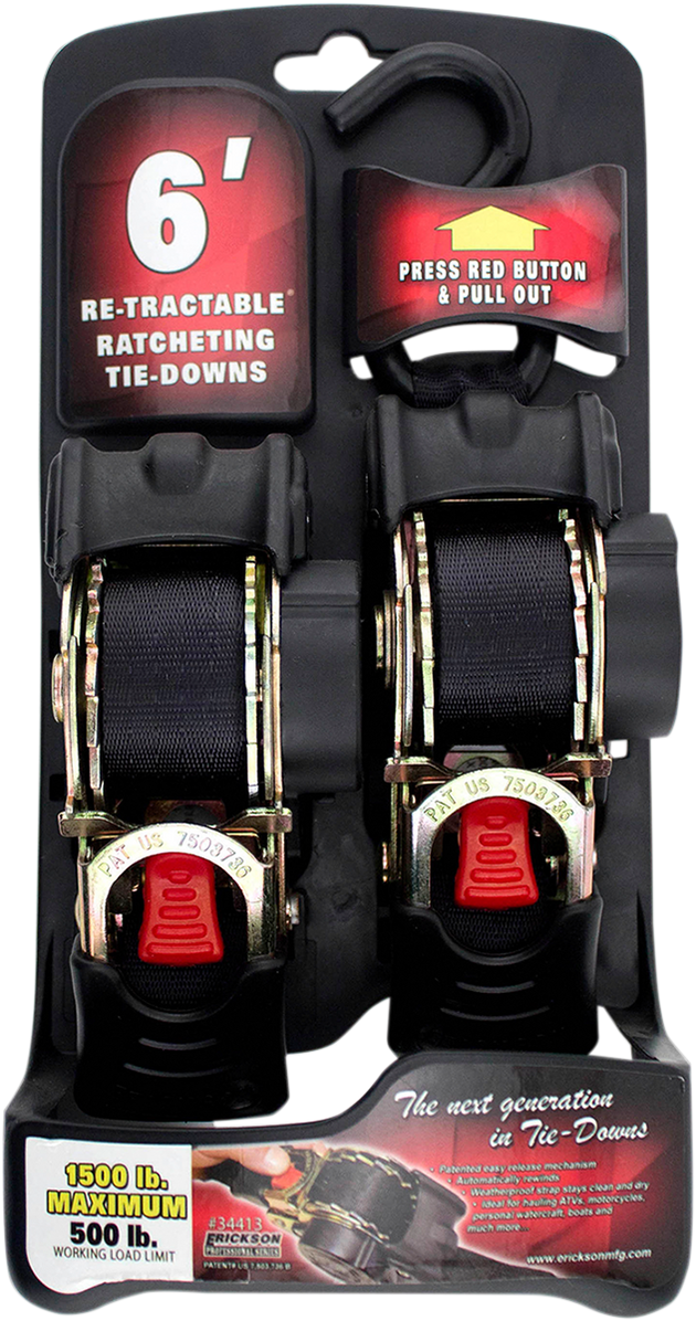 ERICKSON Retractable Ratchet Tie-Downs - 6' - Black 34413