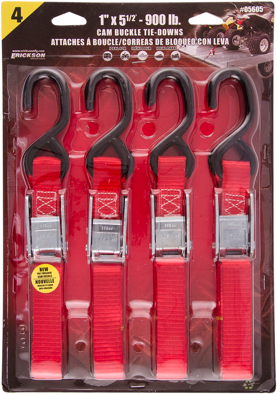 ERICKSON Buckle Tie-Down - 1" x 5-1/2' - 4 Pack -Red 05605