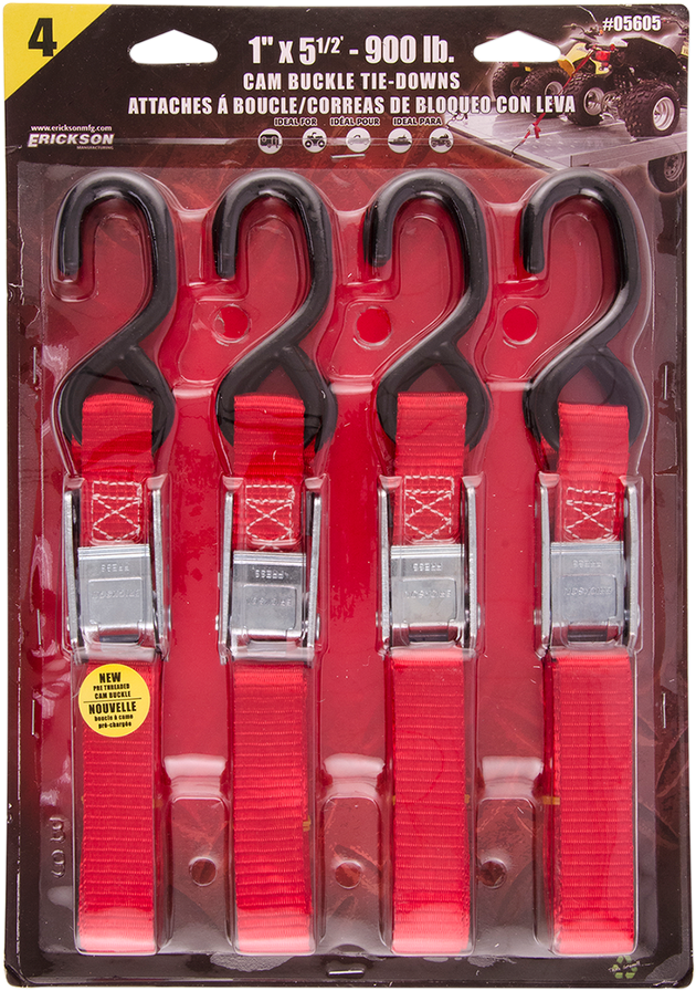 ERICKSON Buckle Tie-Down - 1" x 5-1/2' - 4 Pack -Red 05605