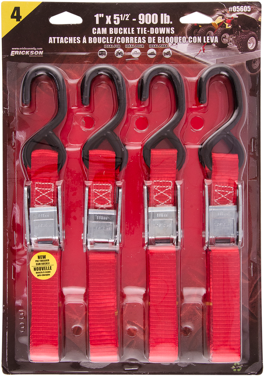 ERICKSON Buckle Tie-Down - 1" x 5-1/2' - 4 Pack -Red 05605
