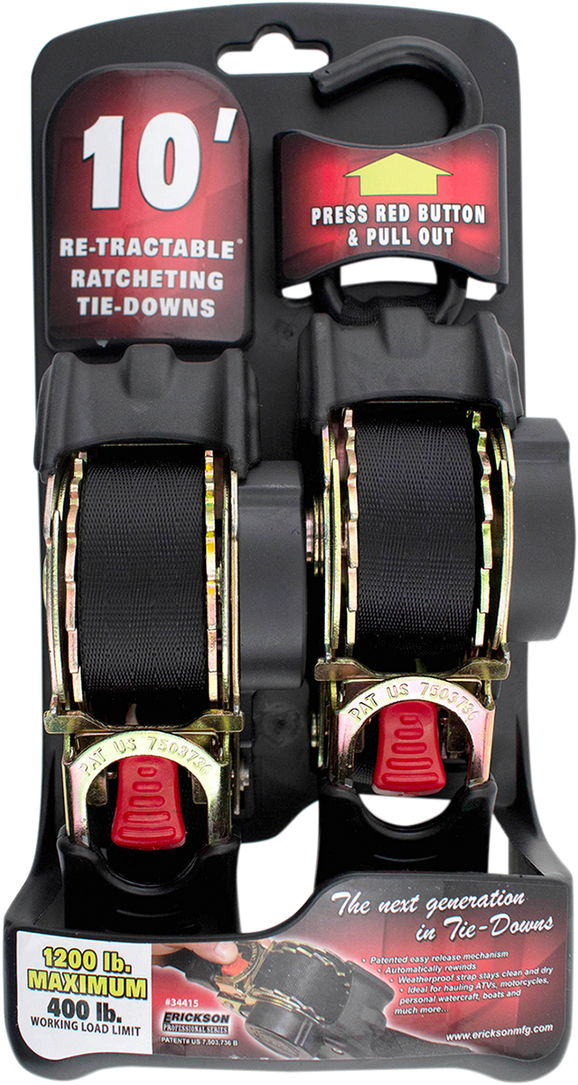 ERICKSON Retractable Ratchet Tie-Downs - 10' - Black 34415