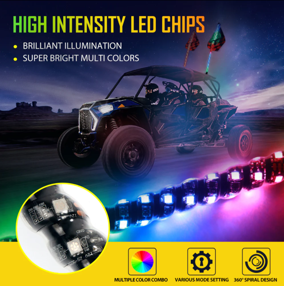 (2PCS/SET) 4FT LED RGB Whip Lights with Turn Signal & Brake Light, Bluetooth APP/ Remote Control