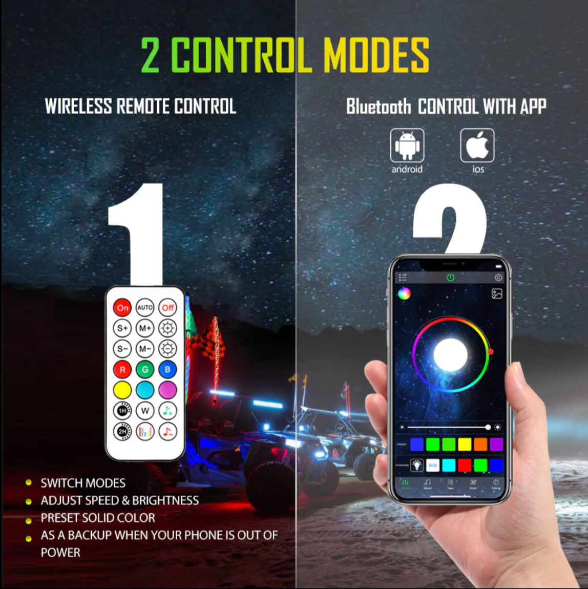 (2PCS/SET) 4FT LED RGB Whip Lights with Turn Signal & Brake Light, Bluetooth APP/ Remote Control