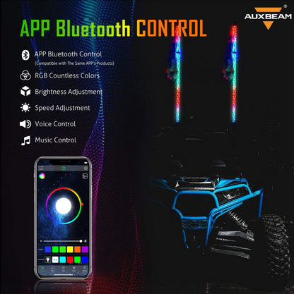 (2PCS/SET) 4FT LED RGB Whip Lights with Turn Signal & Brake Light, Bluetooth APP/ Remote Control
