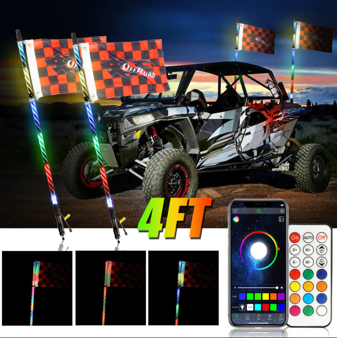 (2PCS/SET) 4FT LED RGB Whip Lights with Turn Signal & Brake Light, Bluetooth APP/ Remote Control